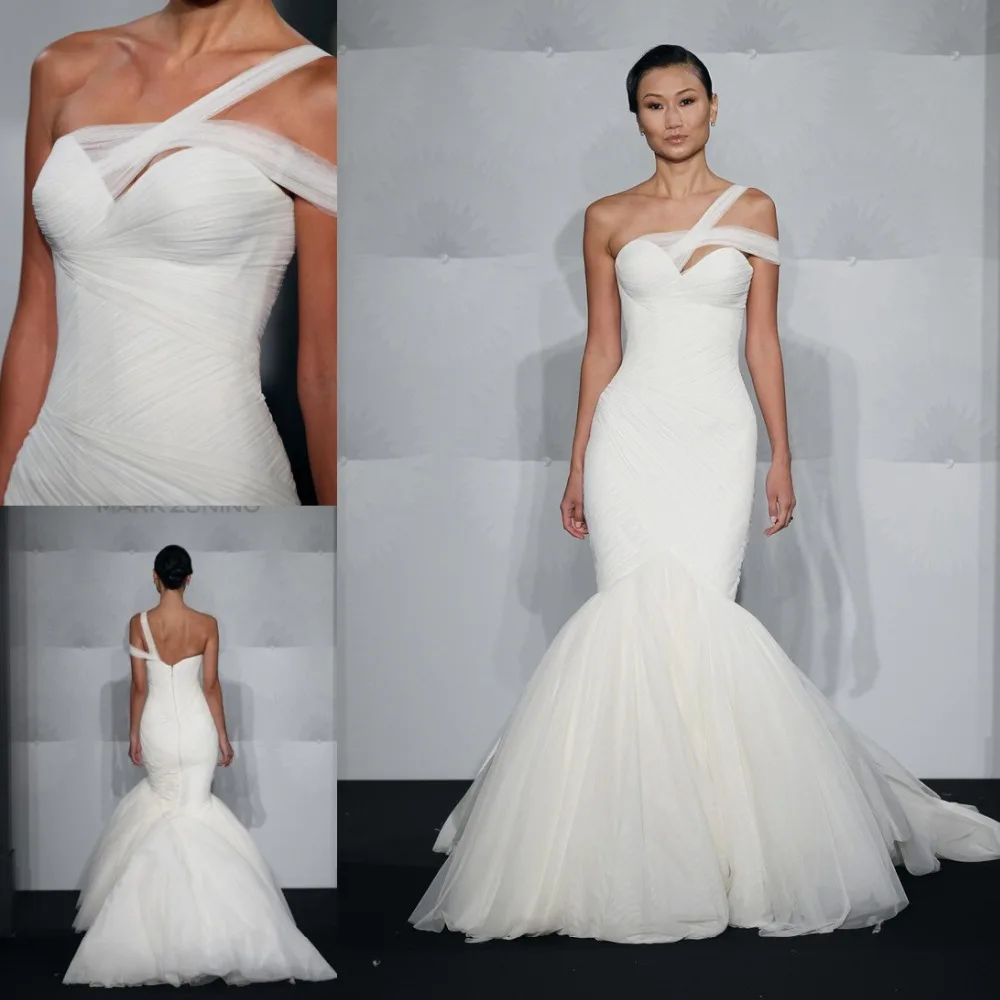 

2015 New Arrival Custom made Long Mermaid Pleated Sweetheart One Shoulder Floor Length Court Train Zipper back Wedding Dresses