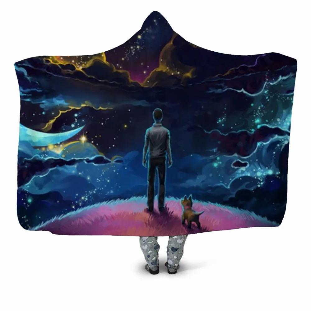 Man and Dog 3D Printed Plush Hooded Blanket for Adults Youth Children Warm Wearable Fleece Throw Home Office Washable | Дом и сад