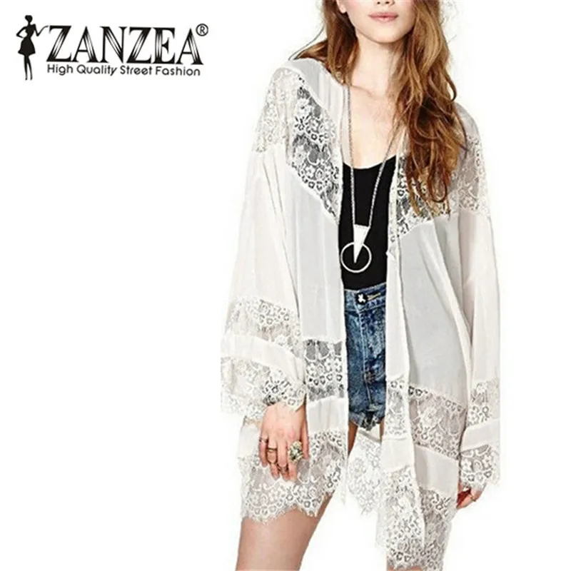 ZANZEA Summer Beach Cover-up 2019 Women Kimono Cardigan Lace Crochet Chiffon Loose Outwear Vintage Blouse Tops Plus Size