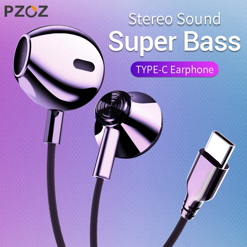 PZOZ Usb Type C Earphones Bass Wired Control Earbud Earphone With Microphone Usb C Type C Mobile Phone For Xiaomi Mi Letv Huawei