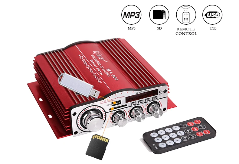 Kinter ма-900 HiFi 4,0 канал мини усилитель аудио 30 W с USB SD MP3 вход играть стерео звук fm-радио красная алюминиевая Корпус