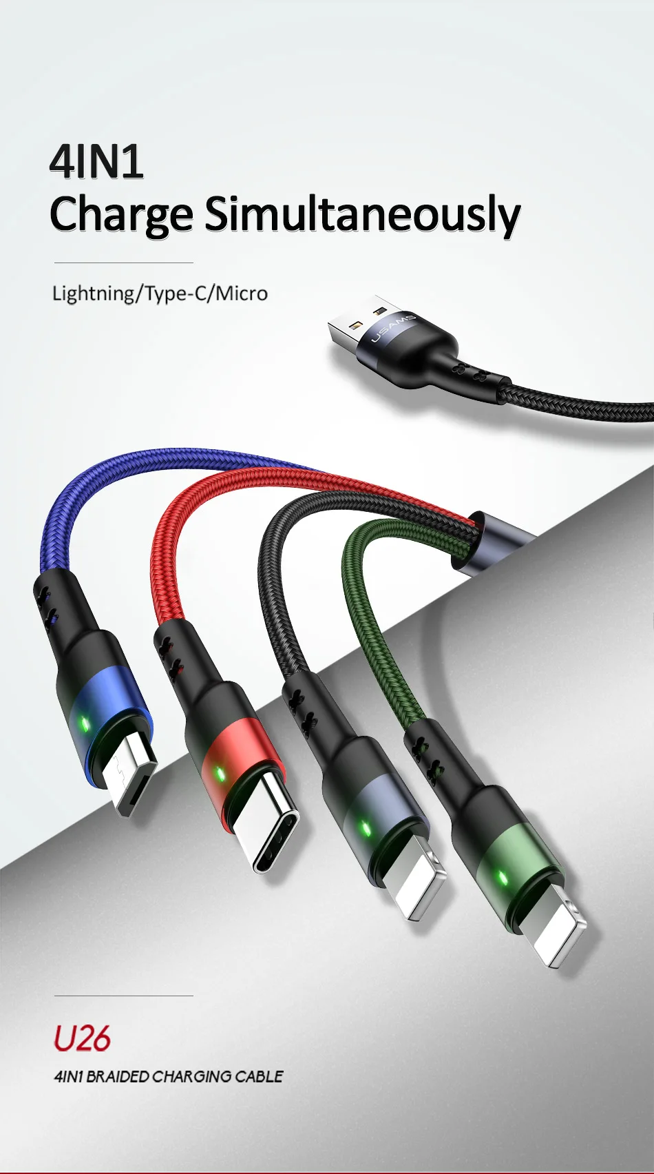 USAMS 4 в 1 мульти usb зарядное устройство кабель для iPhone samsung huawei xiaomi зарядный кабель для lightning micro usb type c кабель Android