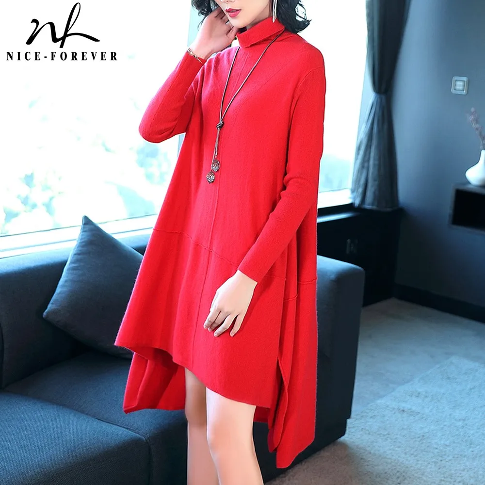 

Nice-forever Causal Asymmetrical Hem Knit Turtleneck brief vestidos one piece Elegant Women Business Loose Sweater Dress TM033