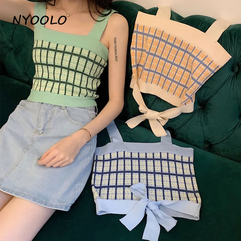 

NYOOLO Special design straps square collar plaid patchwork knitted camisole crop top Summer sleeveless tank top women cloth tops