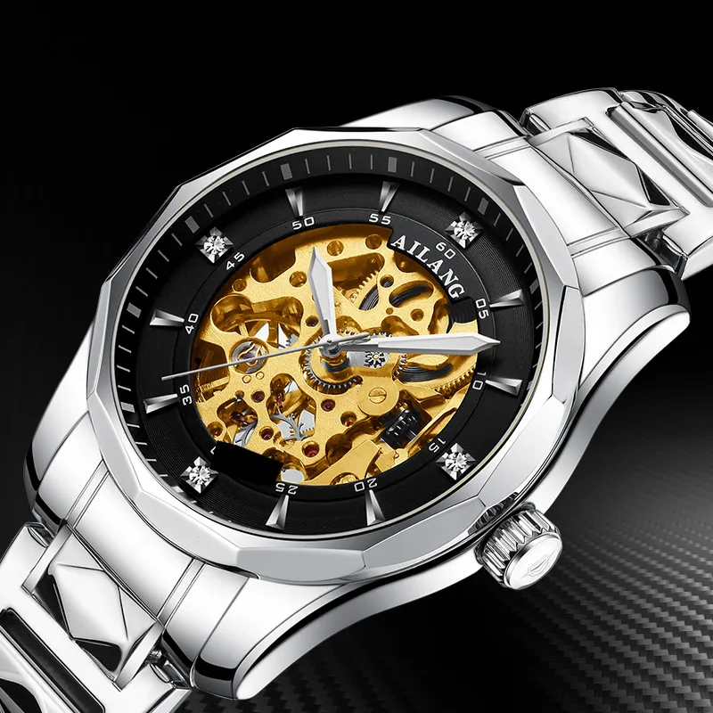 

AILANG watch top luxury brand men's automatic mechanical watch casual fashion gold skeleton stainless steel clock waterproof
