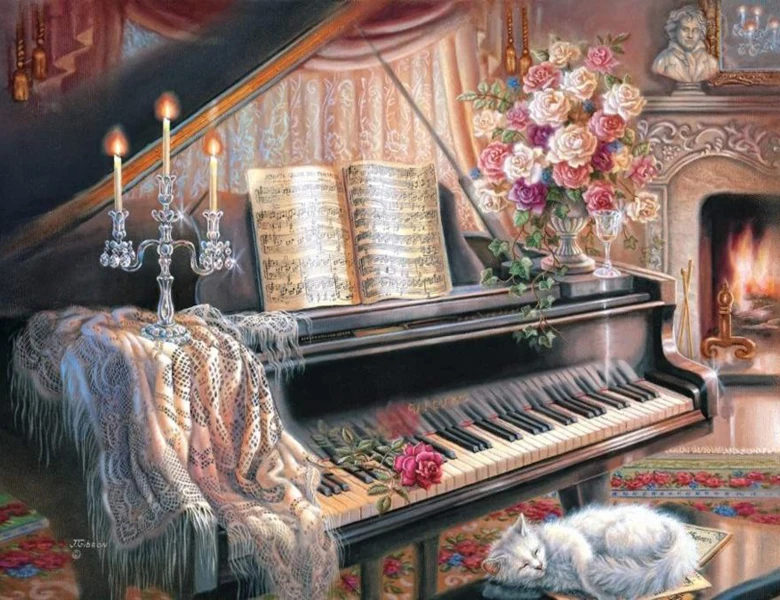ZOOYA 5d Diy Diamond Embroidery Cat and Piano Painting Cross Stitch Full Square Drill Rhinestone Mosaic Decoration | Дом и сад