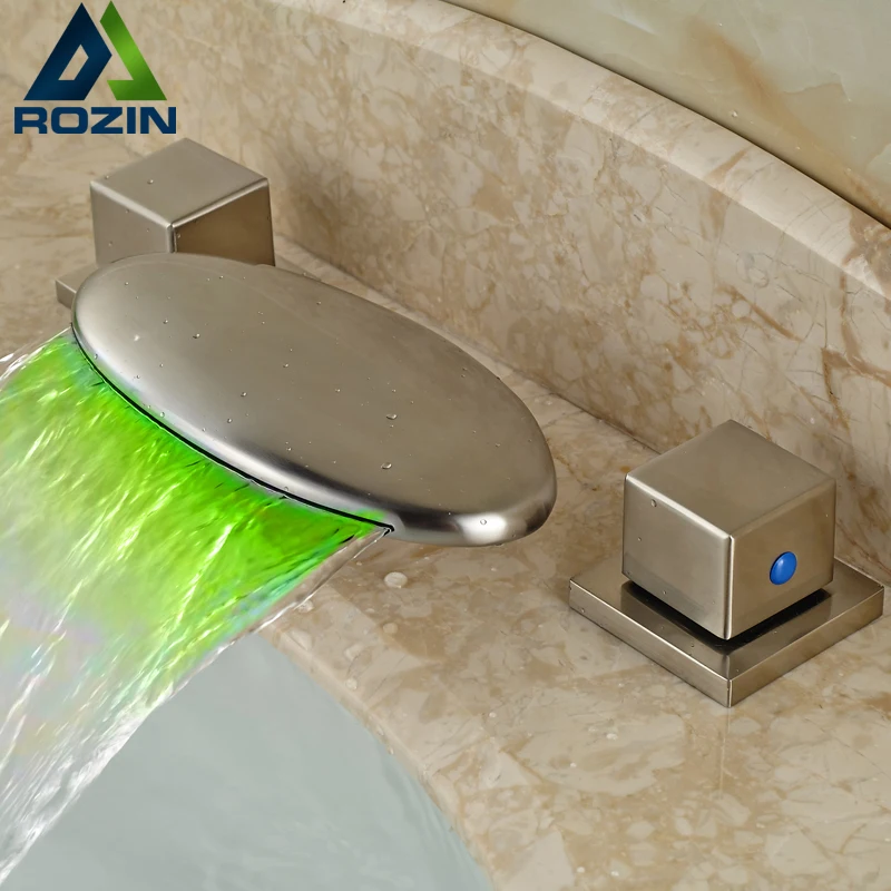 

Double Square Handle 3pcs Basin Faucet Deck Mount Brushed Nickel Bathroom Mixer Taps with LED Light