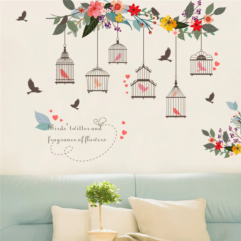 Красочные цветы птицы Наклейка на стену клетка для птицы наклейки на стену искусство для дома гостиная спальня ТВ фон сад Декор окна