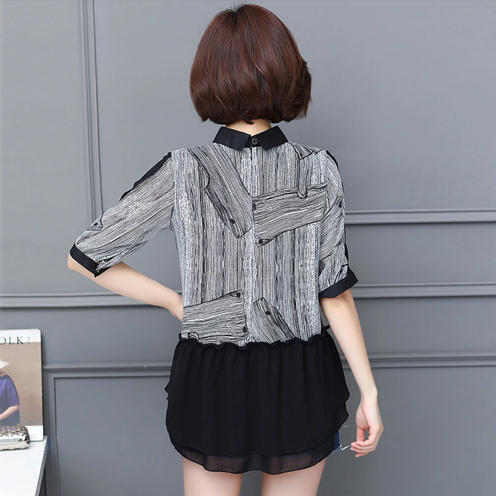 Spring and summer new style L-5XL large size chiffon short sleeve top Chiffon splicing print temperament top