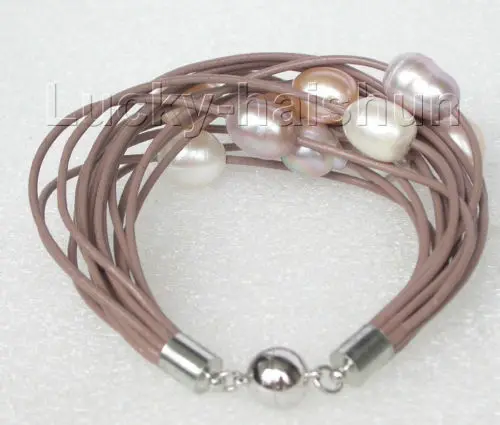 

Free Shipping >>>>>NEW 7" 14row 14mm pink white purple pearls coffee leather bracelet j8815