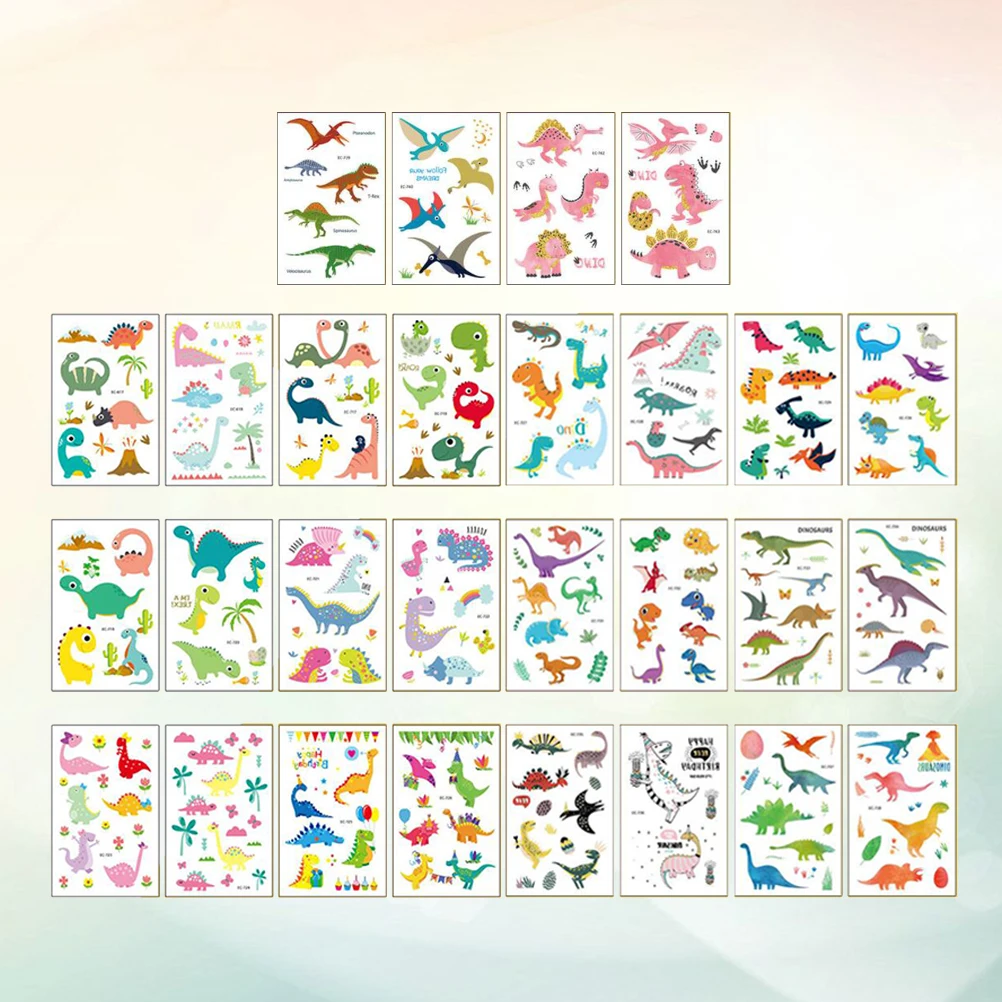 28 Sheets Temporary Waterproof Cute Animals Patterns Cartoon Decal Tattoo Sticker Dinosaur Sticker for Decoration Party