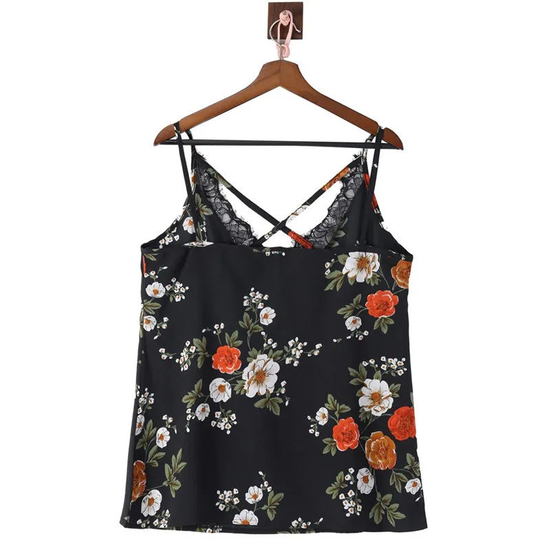 New Womens Girls Summer Daily Casual Sexy Plus SizeSleeveless Floral Print Lace Patchwork Camis Crop Top tops #4F05 (3)