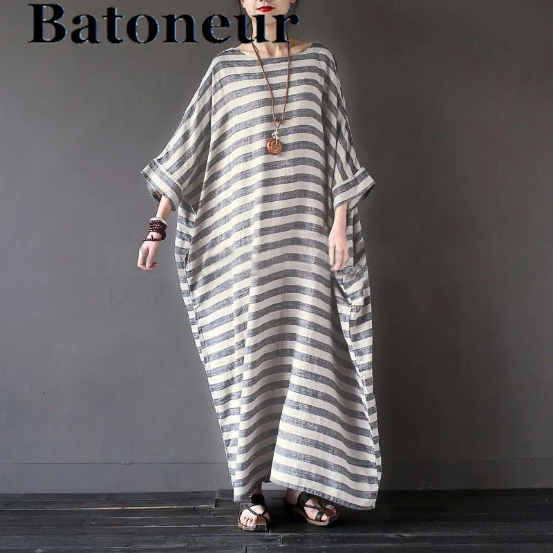 

Women Cotton Linen Dress Plus Size xxxxl Long Sleeve 2018 Summer Striped Loose Maxi Dress Casual Long Boho Kaftan Muslim Dresses