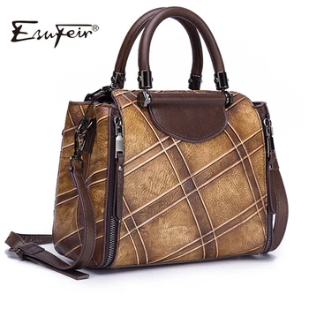 

2018 Vintage Design Genuine Leather Women Handbags Satchels Pattern Luxury Women Bags Leather Female Messenger Bags Casual Tote