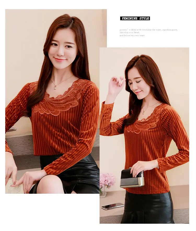 Winter Lace Patchwork Velour Blouse Women Plus Size Tops Ladies Casual Long Sleeve Femme Shirt Autumn Terciopelo Blusas Mujer (5)