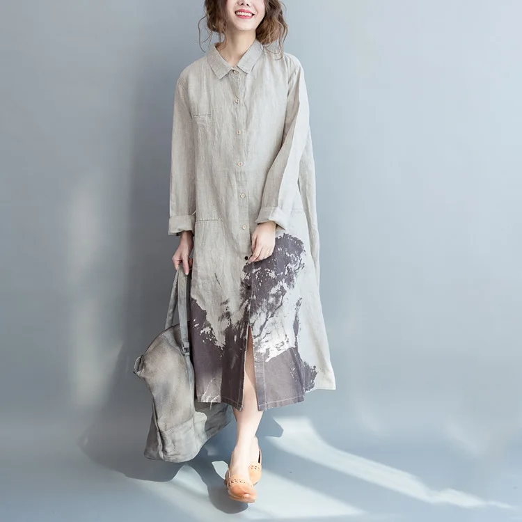 LZJN Vintage Painting Style Summer Long Dress Long Sleeve Shirt Woman Lady Loose Big Size Casual Fashion Button Down Shirt Dress (18)