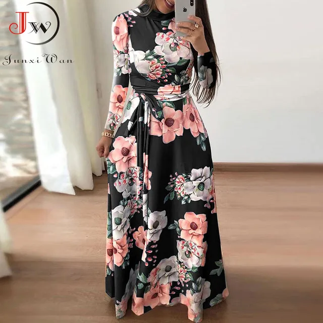 Women Summer Maxi Dress 2021 Casual Short Sleeve Boho Floral Print Long Dress Turtleneck Bandage Elegant Party Dresses Vestidos 5