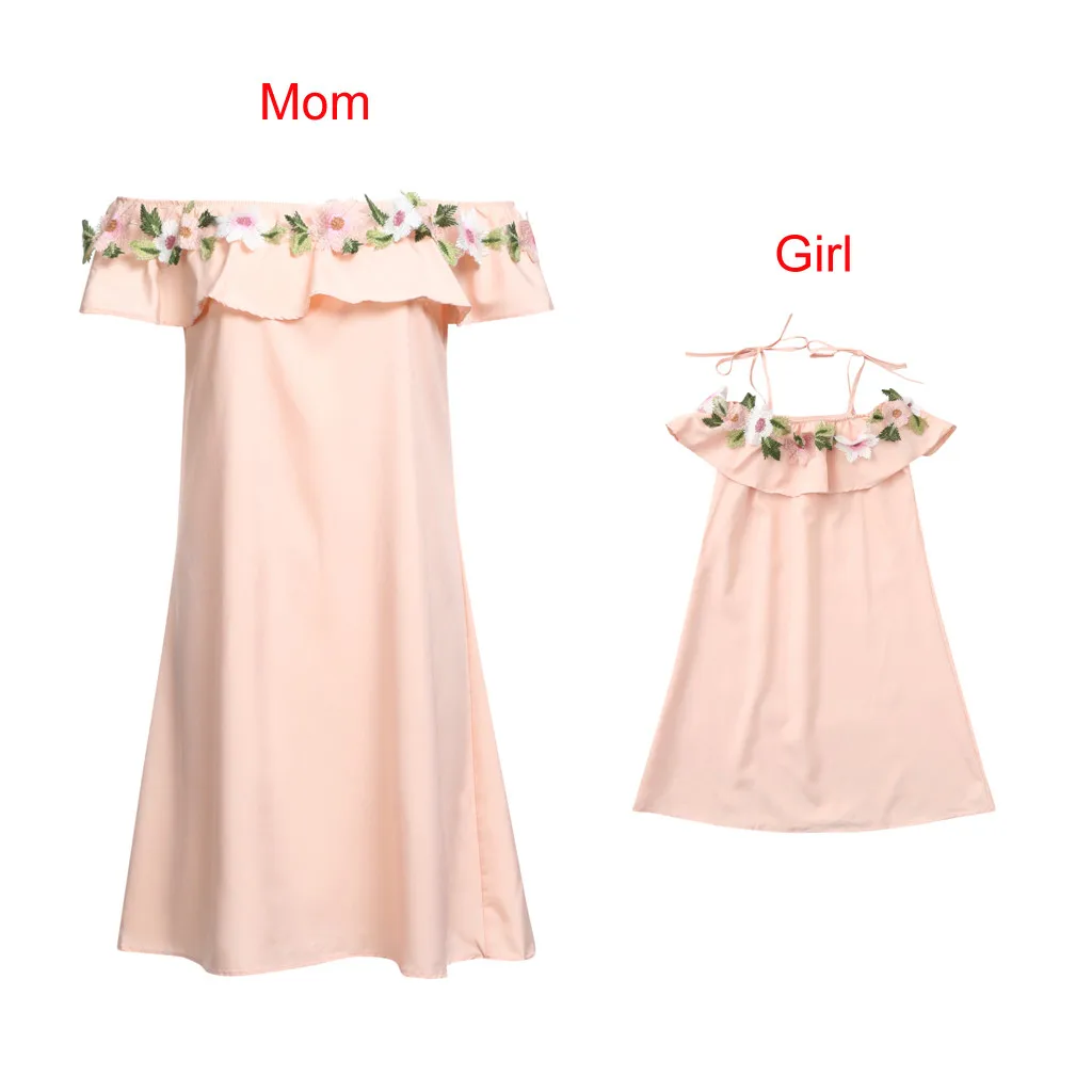 

2019 Brand New Mommy and Me Mother Daughter Women Flower Off Shoulder Dress Lady Family Matching Clothes Dropshipping