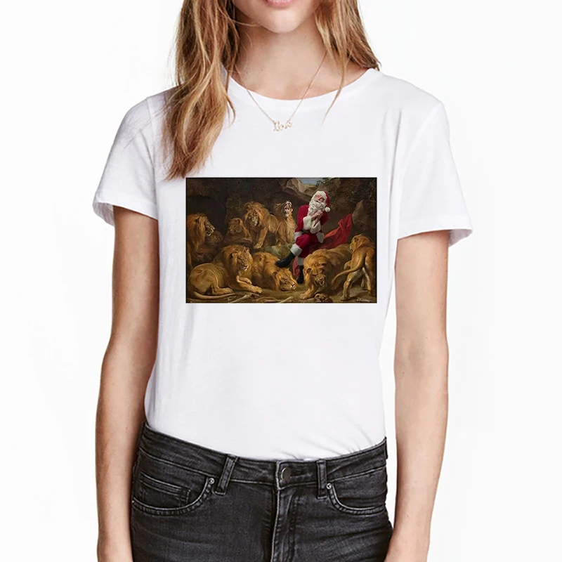 

Santa Claus In Paintings T Shirt Aesthetic Harajuku Women White Christmas Graphic Tees Clothes Plus Size Streetwear Tops