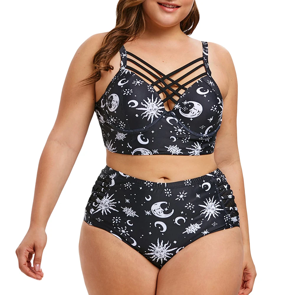 

Rosegal Sexy Women Swimwear Plus Size Sun Moon Print Criss Cross Bikini Set Swimsuit Padded High Waisted Bathing Suit Beachwear