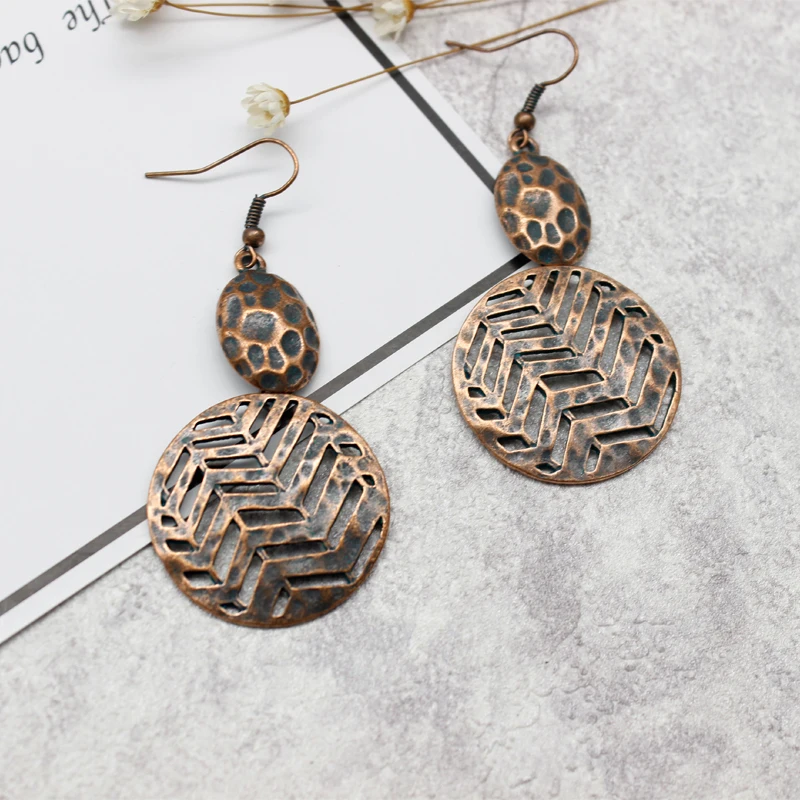 

Female Vintage Exotic Gypsy Bronze Honeycomb Wavy Stripes Hollow Mottled Personality Pendant Earrings Body Jewelry Boutique