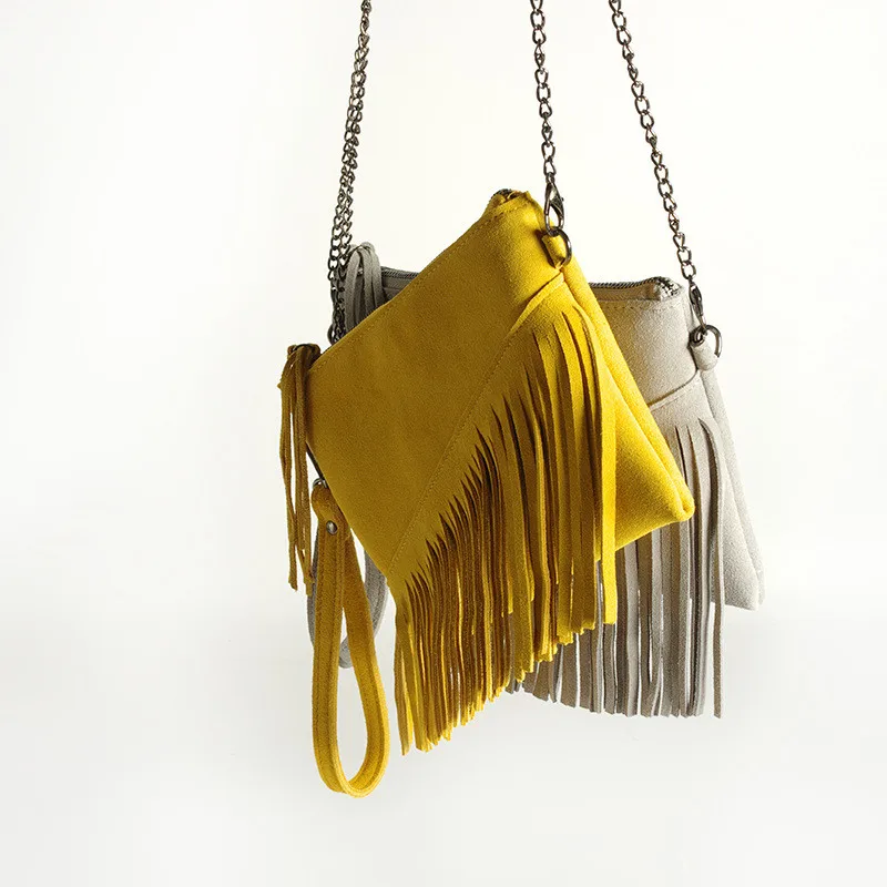 

2019 Summer Real Leather Crossbod Bag For Women Fashion Feminine Small Suede Tassel Fringe Chain Bag Yellow And gray Clutch Bag