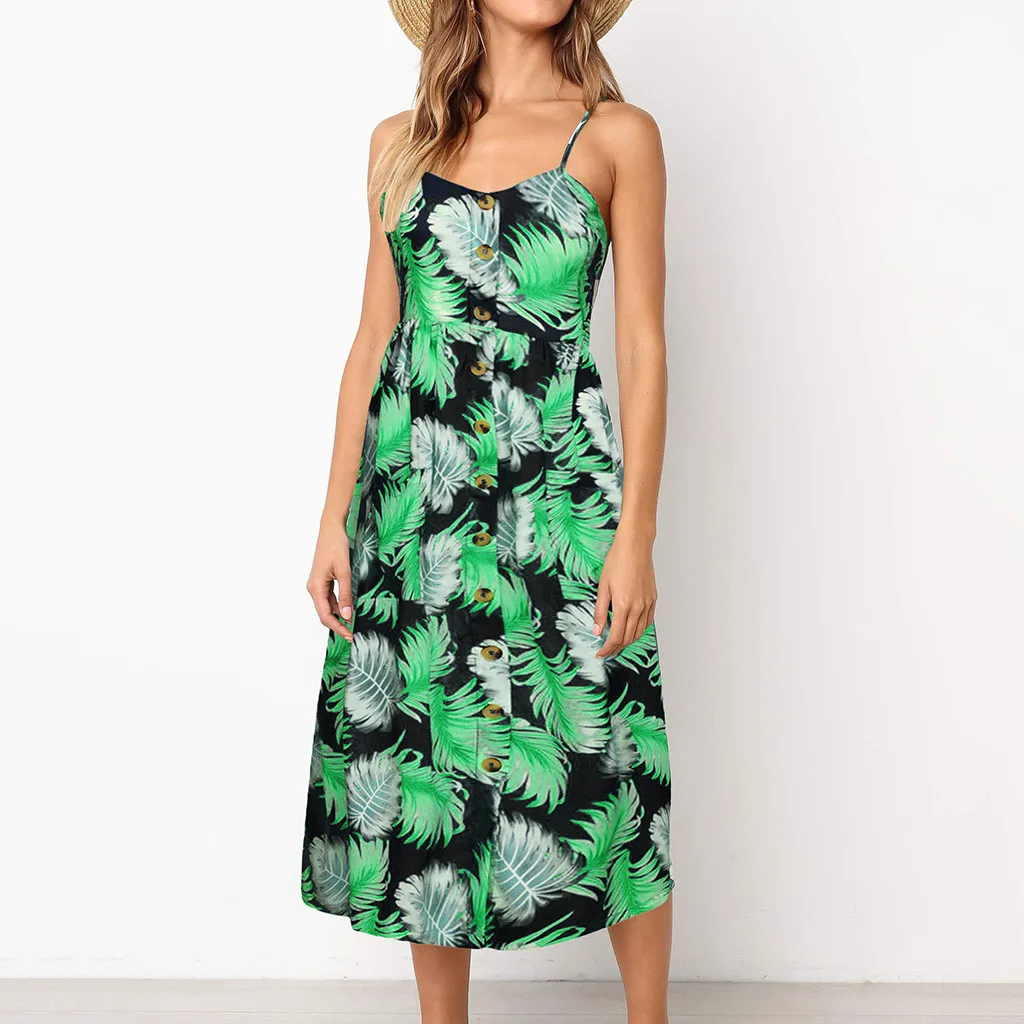 

Tropical Palm Leaves Print Women Sundress Spaghetti Strap Button Mid Dress Ladies Off Shoulder Summer Dress 2019 Vestidos