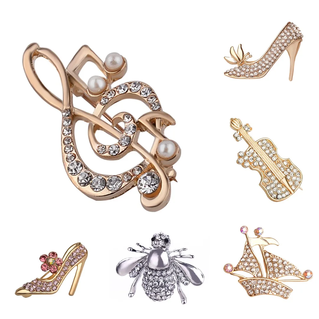Women Crystal Vintage Brooches Charm High Heeled Shoes Guitar Brooch Pin Fashion Dress Coat Accessories Jewelry bijoux femme