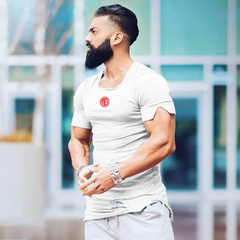 Длинная Мужская футболка Muscleguys модная Винтажная с отверстиями для фитнеса