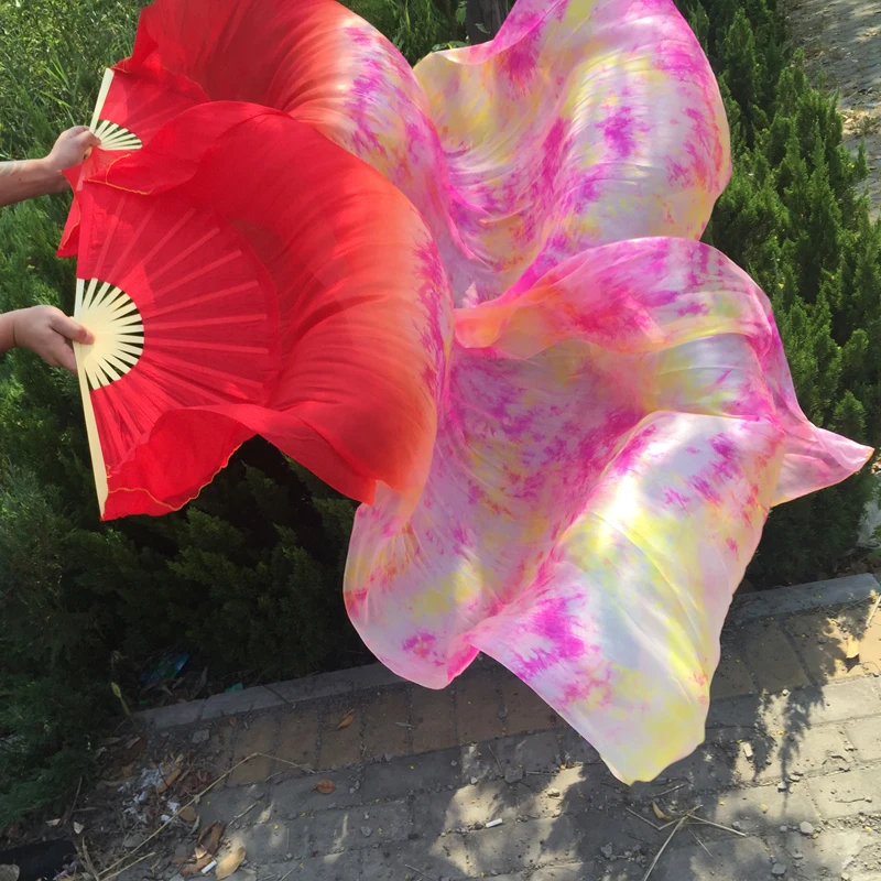

New Arrival Tie-dyed 100% real silk fan veils for Belly Dance Sexy long Stage Show silk fans Props1pair (L+R)hand
