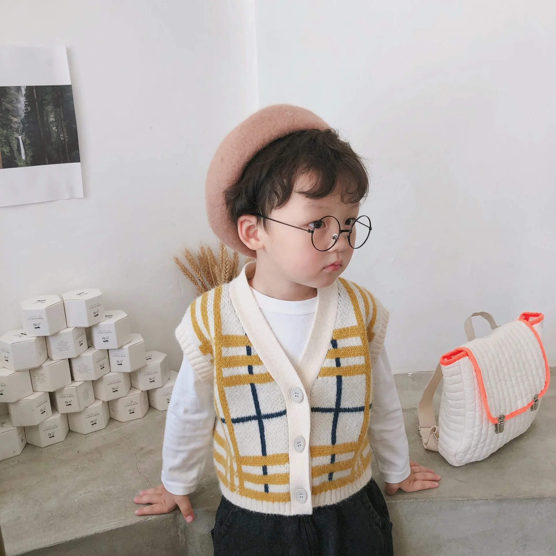 

Korean style knitted plaid sweater waistcoat for kids sleeveless warm all-match vests clothes