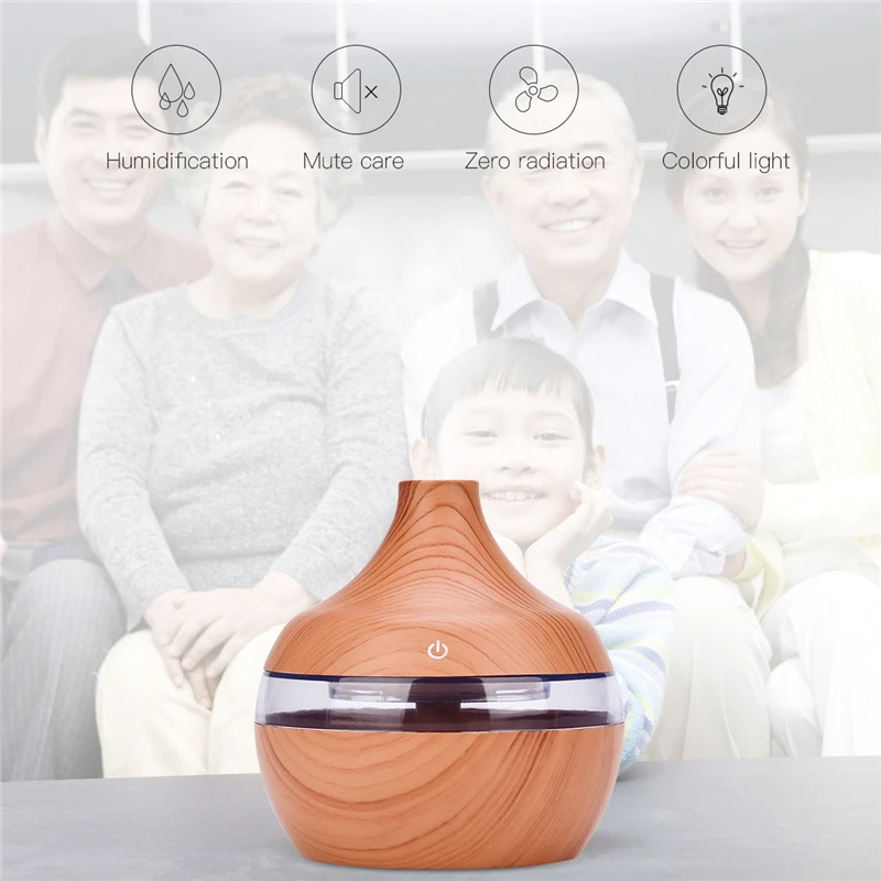 300ml USB Air Humidifier Wood Grain Mini Aroma Diffuser Ultrasonic Essential Oil Diffuser Cool Mist Maker with 7 Night Light 0