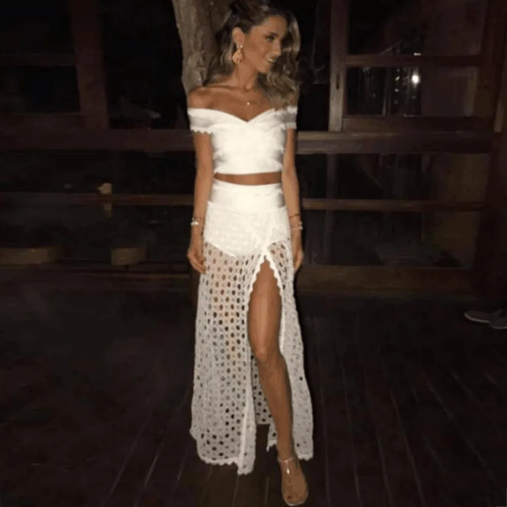 

New 2 Pieces Set Gorgeous White Off Shoulder Top Long Dress Knitting Celebrity Party HL Bandage Dress