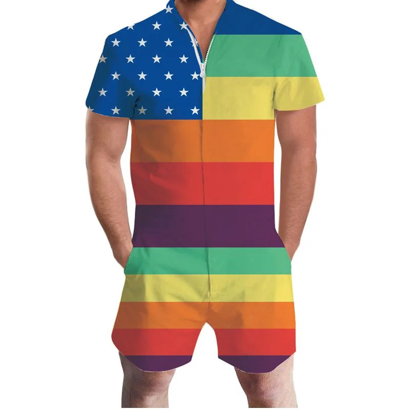 Pride Romper Gay Pride Rainbow Men Romper 3D Graphic One Piece Romper Casual Zipper Jumpsuit Overalls USA Flag Beach Men's Sets Pride Romper Gay Pride Rainbow Men Romper 3D Graphic One Piece Romper Casual Zipper Jumpsuit Overalls USA Flag Beach Men's Sets