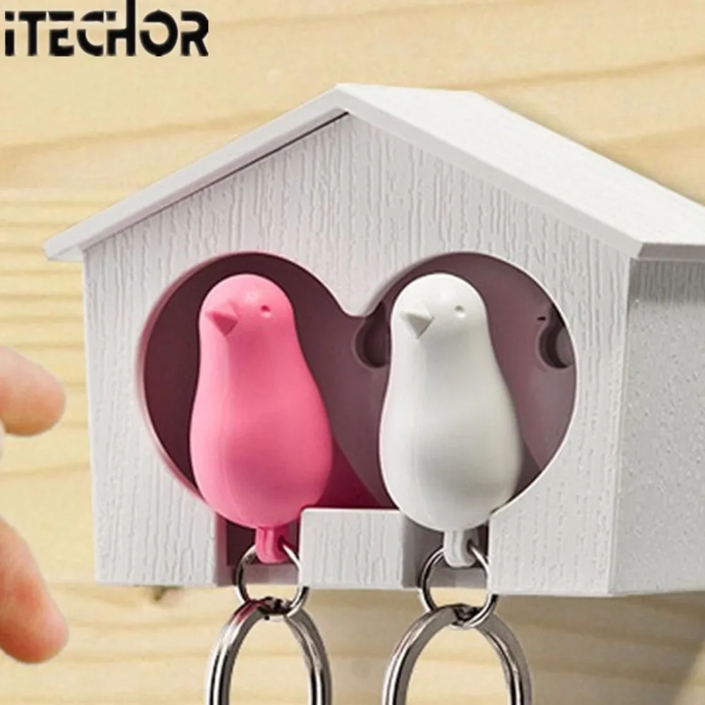 

iTECHOR Couple Pair Sparrow Bird House Nest Whistle Key Ring Keyholder Keychain Hanger Rack (Bird Color Random)