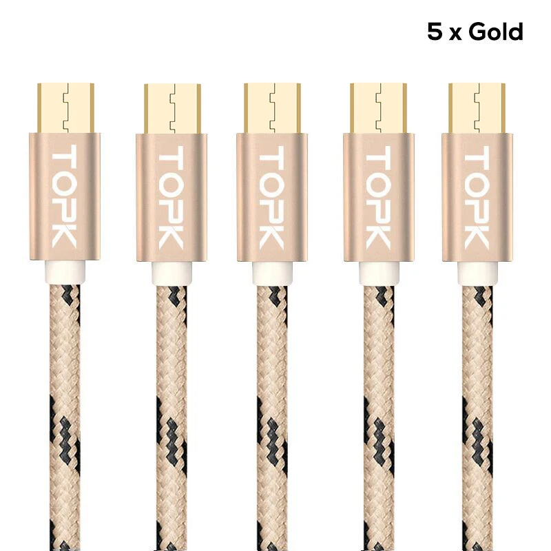 TOPK [5-Pack] 5 V/2,4 A(макс.) Micro USB кабель, нейлоновый плетеный металлический корпус позолоченный зарядный кабель для samsung/Xiaomi/huawei - Цвет: 5 x Gold