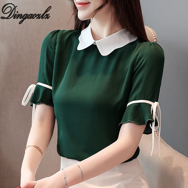 

Dingaozlz Plus size Women Tops Slim Short Sleeve Chiffon Shirt Summer Doll Collar Bow tie Chiffon blouse blusas mujer