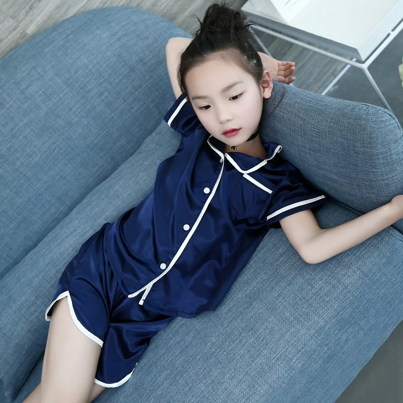 

Children's Pajamas Summer Silk Short Sleeves Shirt+short Baby Girl Princess Girl Home Wear Summer Sets 4-16 Ages