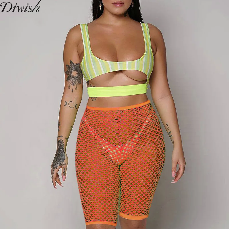 

Diwish New Arrival Women Pack Hip Shorts Sexy Fashion Mesh Design Hollow Out Shorts Women Solid Color Slim Fit Lady Shorts