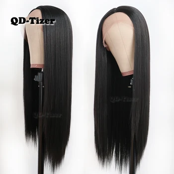 QD-Tizer Black Color Long Silky Straight Hair Lace Front Wig Gluless Heat Resistant Synthetic Lace Front Wig for Black Women 4