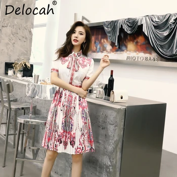 

Delocah 2019 Women Spring Summer Dress Runway Fashion Bow Tie Beading Pleated Geometric Printed Elegant Ladies Vintage Dresses