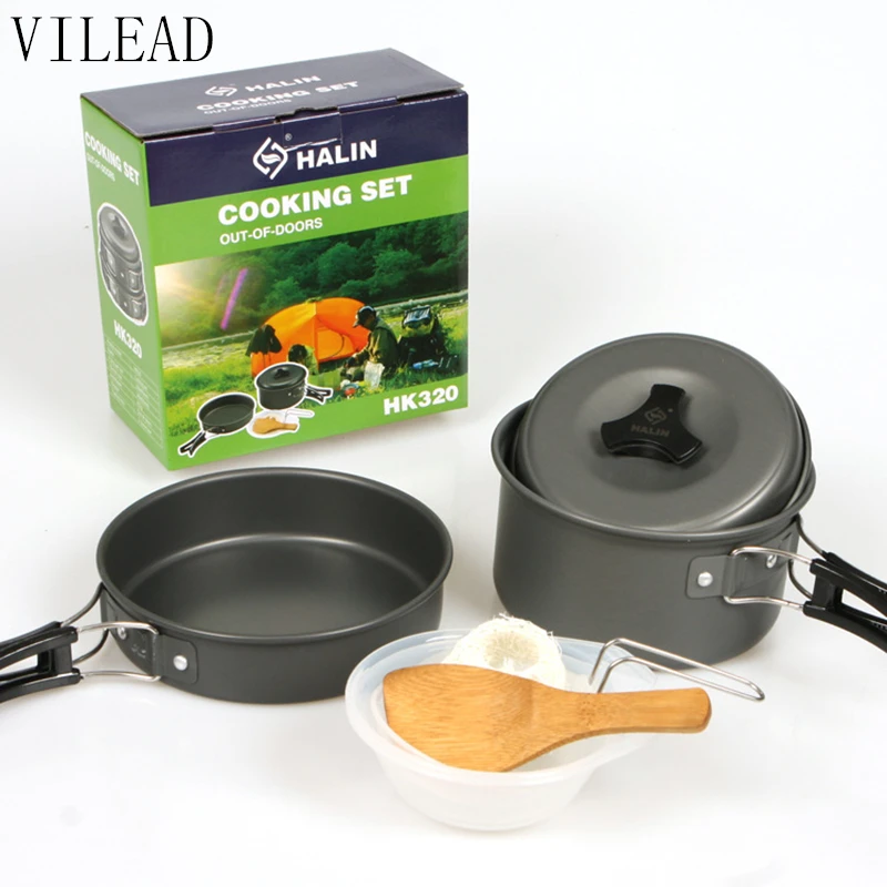 VILEAD portátil al aire libre utensilios Camping Picnic vajilla Pan Pot Set para 1-2 Persona ultraligero al aire libre herramientas de cocina
