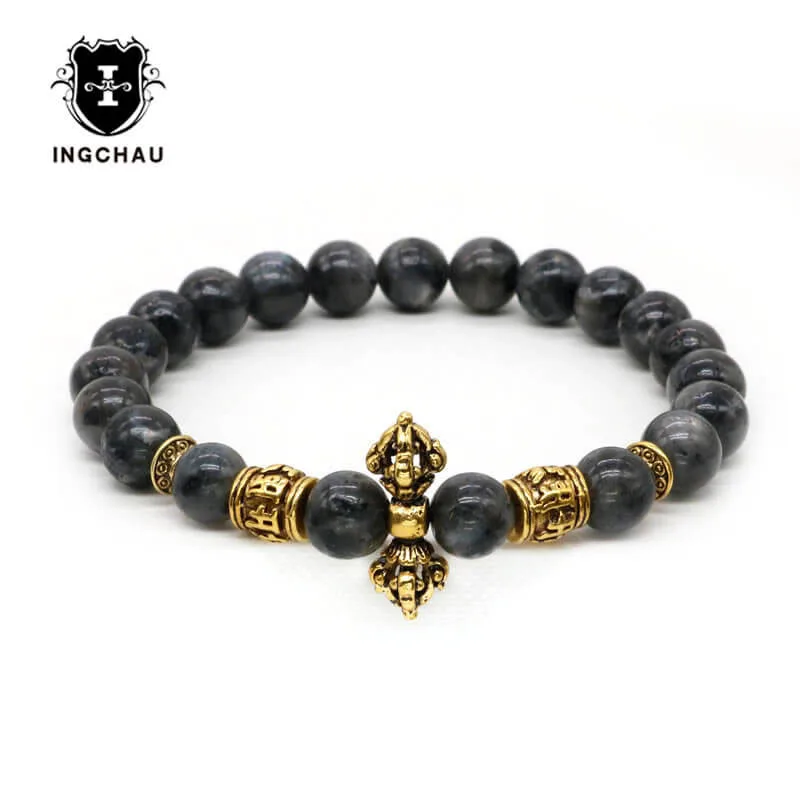 

Tibetan Antique Gold-Color Men Buddha Vajry Pestle Bracelet Mala Six Words Prayer Mantra Amazonite Bracelet Yoga Jewelry BD-11