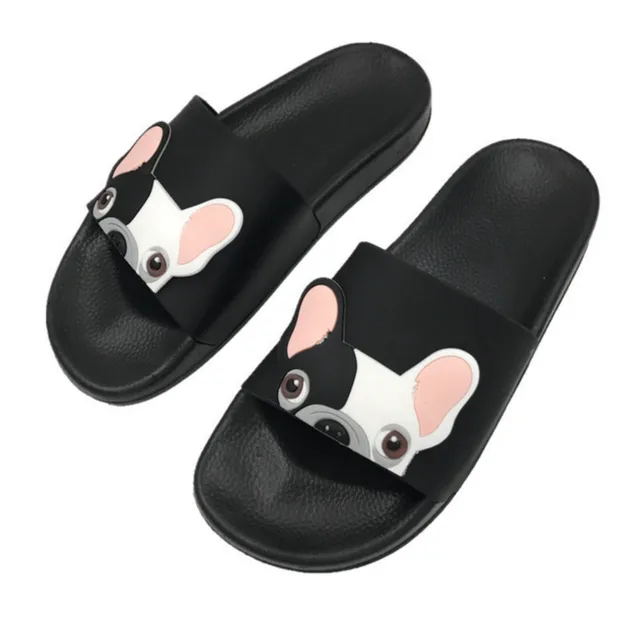 Cute Dog Cartoon Women Slides 2018 Fashion Pu Leather Beach Shoes Women Flat Heels Flip Flops Barefoot Slippers Zapatillas Mujer