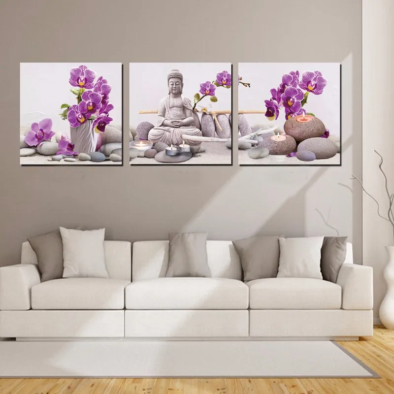 Настенный холст Художественная печать Современная рамка 3 панели Будда и цветы