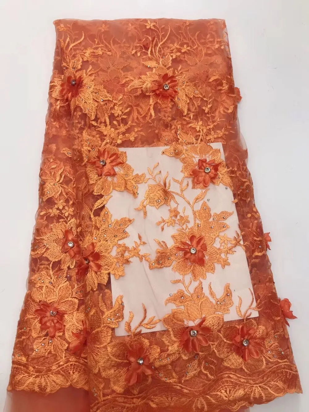 2018 высокое качество шнура Африки чистая швейцарский кружева оранжевый 3D французский вуаль гипюр тюль сетки кружевная ткань для платья 5