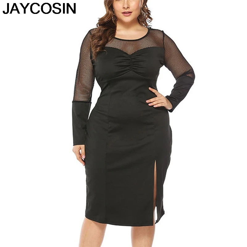 

JAYCOSIN Women Dress O Neck Plus Size Black Mesh Hollow Ruched Split Long Sleeve Party Formal Dresses Vestido 2019 Autumn jy16