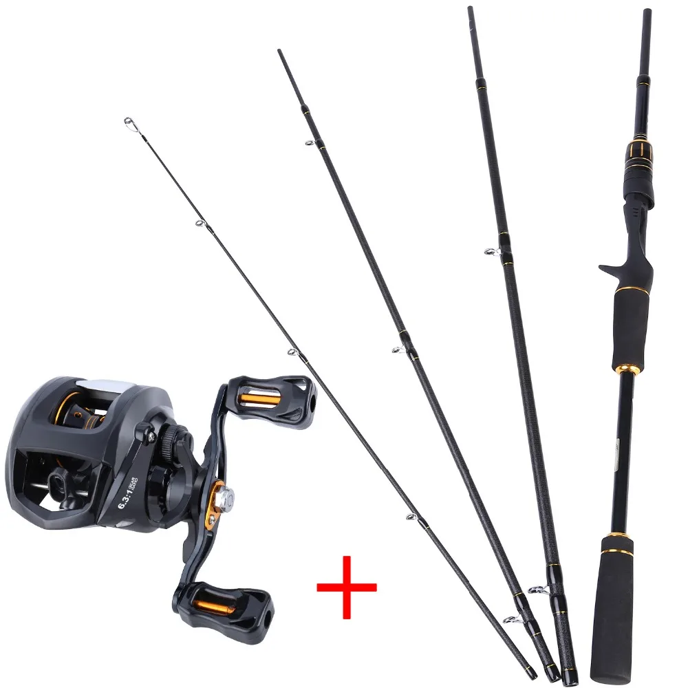 Sougayilang 2.1m Fishing Pole and Baitcasting Reel Combo Carbon 4 Sections Sea Spinning Lure Rod and Casting Fishing Wheels Set