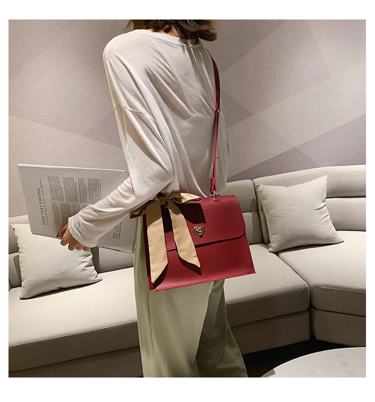 Elegant Female Ribbon Bow Flap Square bag New Quality PU Leather Women's Designer Handbag Travel Shoulder Messenger Bag