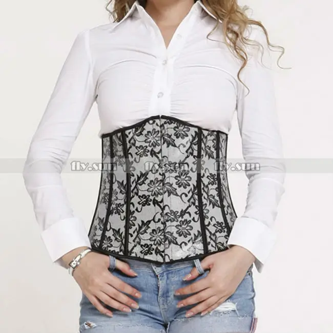 

Black & White Floral Faux Leather Boned Waist Cincher Underbust Corset Lace Up Waspie Bustier S M L XL